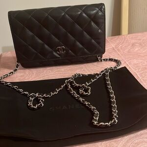 Chanel lambskin wallet on chain black with silver hardware